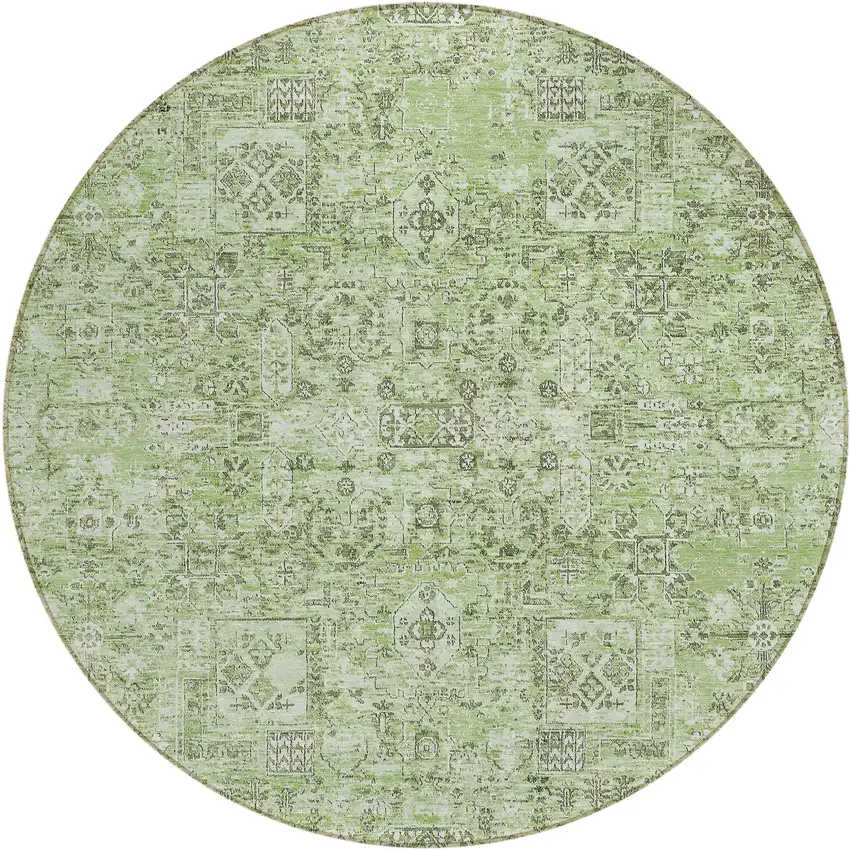 8' Artichoke Green And Olive Green Round Floral Washable Indoor Outdoor Area Rug Photo 2