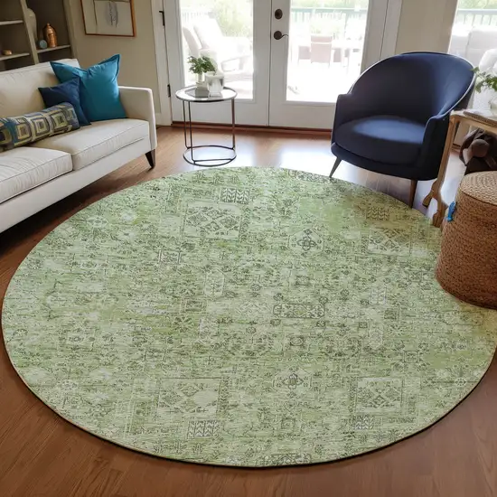 8' Artichoke Green And Olive Green Round Floral Washable Indoor Outdoor Area Rug Photo 7