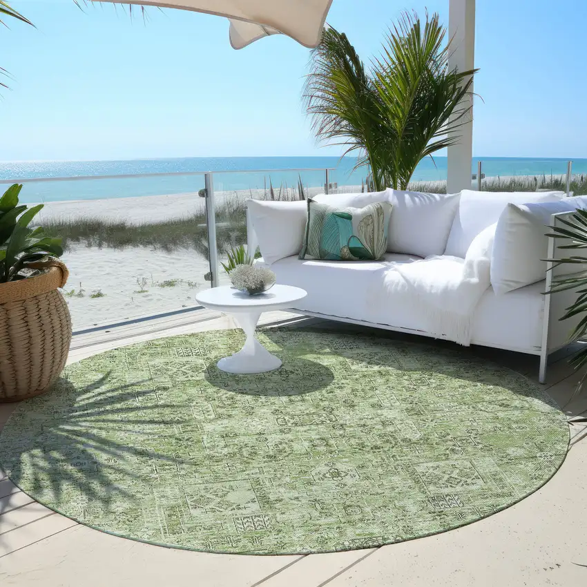 8' Artichoke Green And Olive Green Round Floral Washable Indoor Outdoor Area Rug Photo 6