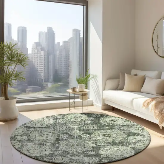 8' Artichoke Green And Olive Green Round Floral Washable Indoor Outdoor Area Rug Photo 7
