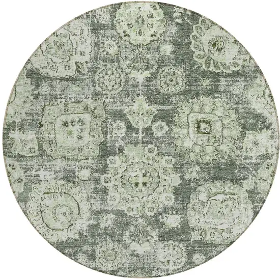 8' Artichoke Green And Olive Green Round Floral Washable Indoor Outdoor Area Rug Photo 4