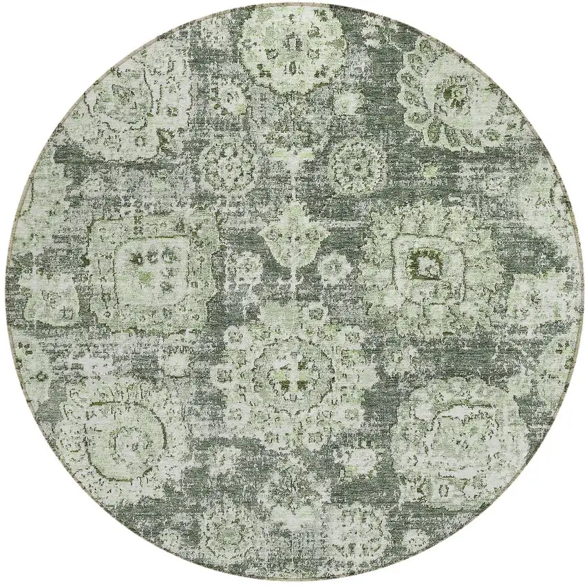 8' Artichoke Green And Olive Green Round Floral Washable Indoor Outdoor Area Rug Photo 4