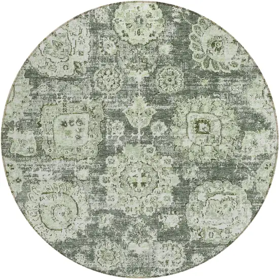 8' Artichoke Green And Olive Green Round Floral Washable Indoor Outdoor Area Rug Photo 1