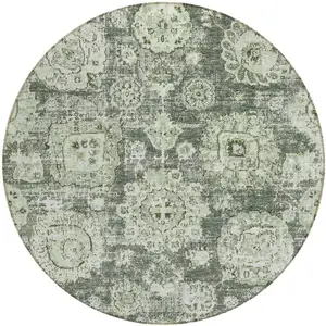 Photo of 8' Artichoke Green And Olive Green Round Floral Washable Indoor Outdoor Area Rug