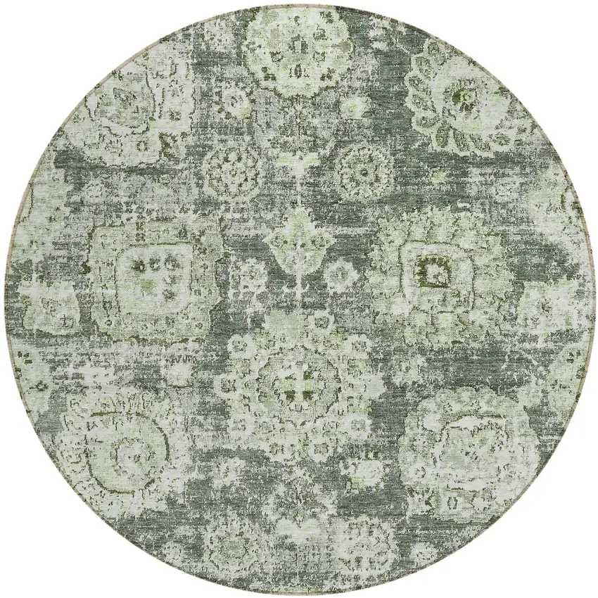 8' Artichoke Green And Olive Green Round Floral Washable Indoor Outdoor Area Rug Photo 1