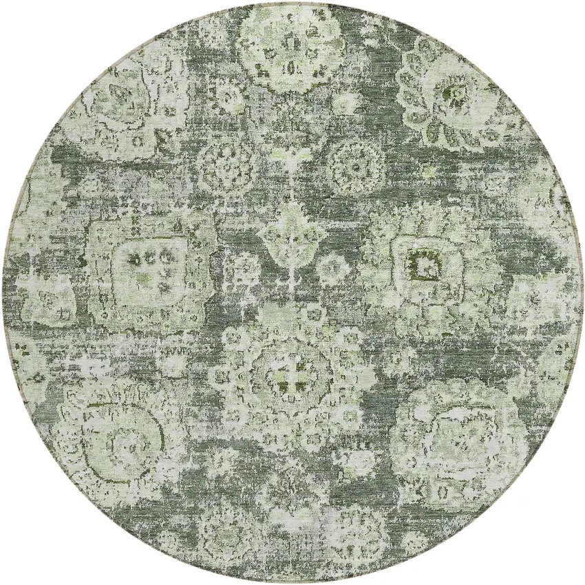 8' Artichoke Green And Olive Green Round Floral Washable Indoor Outdoor Area Rug Photo 1
