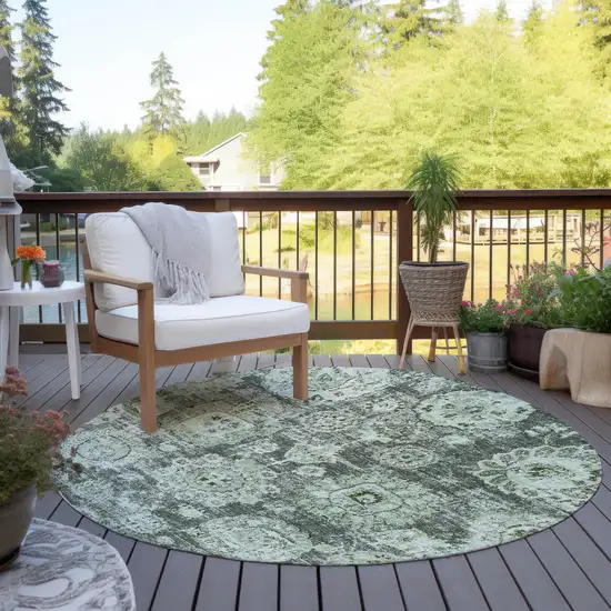 8' Artichoke Green And Olive Green Round Floral Washable Indoor Outdoor Area Rug Photo 6