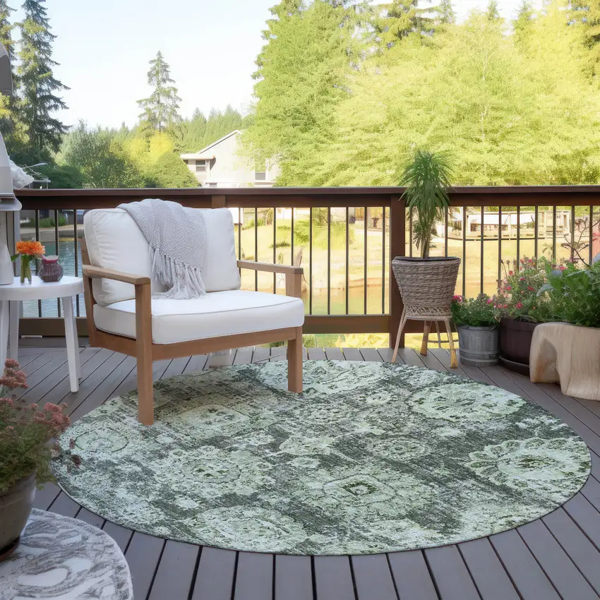 8' Artichoke Green And Olive Green Round Floral Washable Indoor Outdoor Area Rug Photo 6
