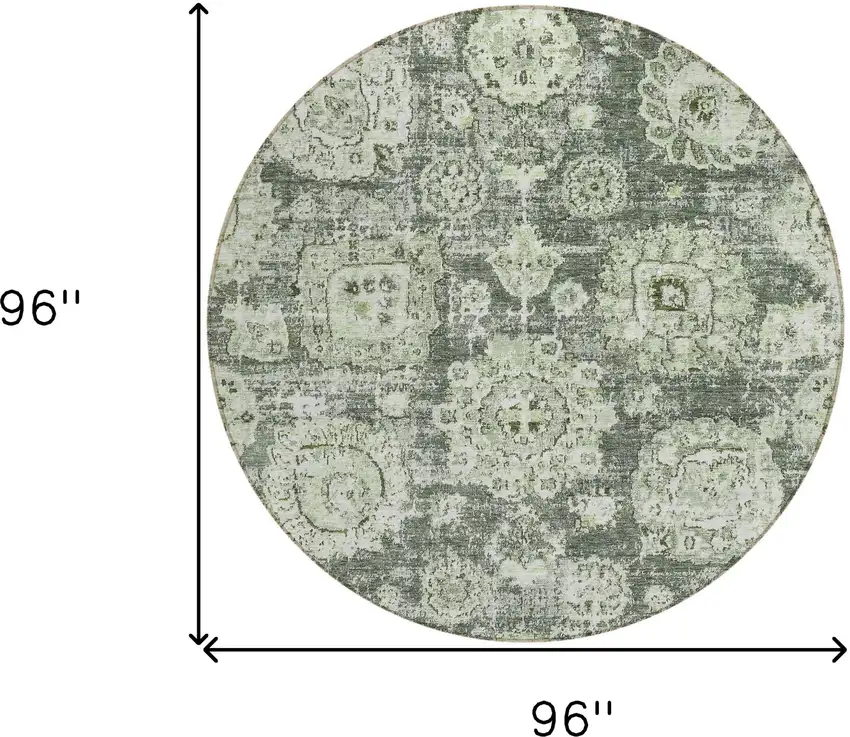 8' Artichoke Green And Olive Green Round Floral Washable Indoor Outdoor Area Rug Photo 8