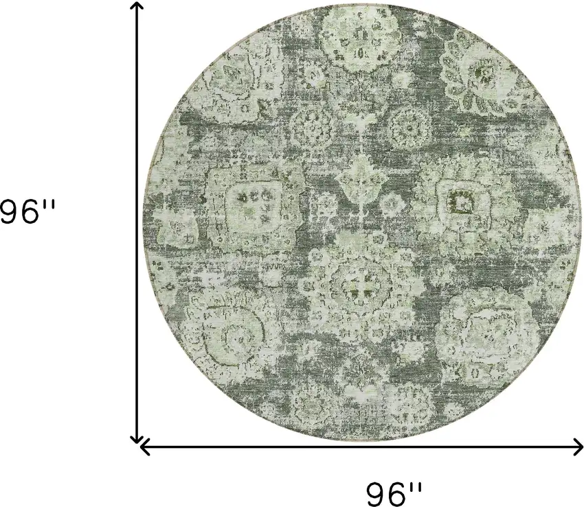 8' Artichoke Green And Olive Green Round Floral Washable Indoor Outdoor Area Rug Photo 8