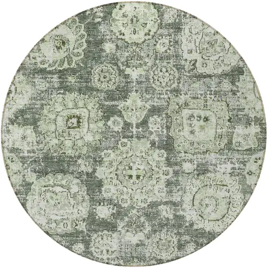8' Artichoke Green And Olive Green Round Floral Washable Indoor Outdoor Area Rug Photo 5