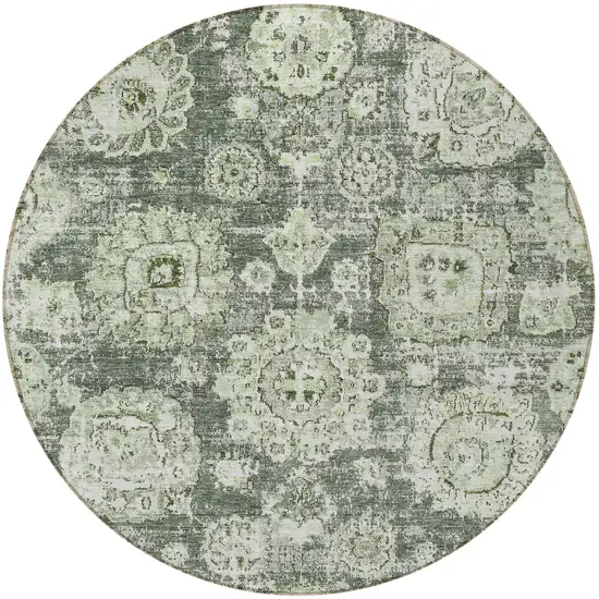 8' Artichoke Green And Olive Green Round Floral Washable Indoor Outdoor Area Rug Photo 5
