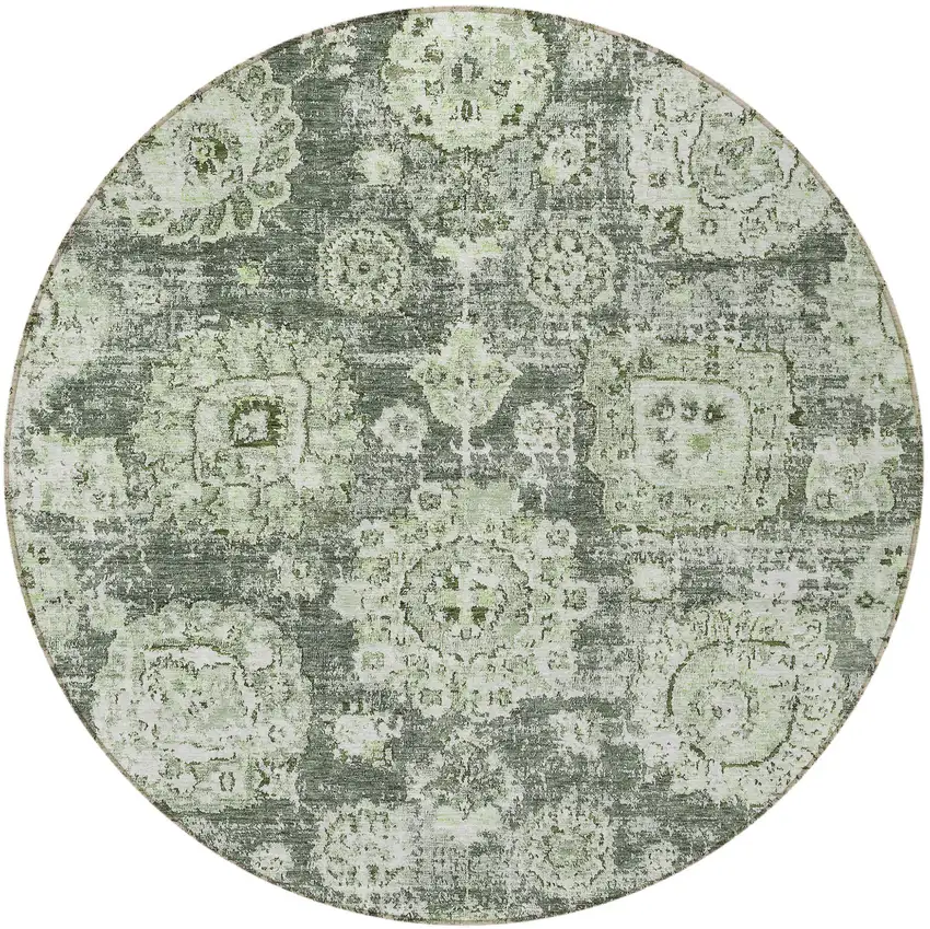 8' Artichoke Green And Olive Green Round Floral Washable Indoor Outdoor Area Rug Photo 5