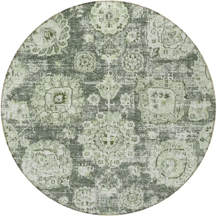 8' Artichoke Green And Olive Green Round Floral Washable Indoor Outdoor Area Rug Photo 5