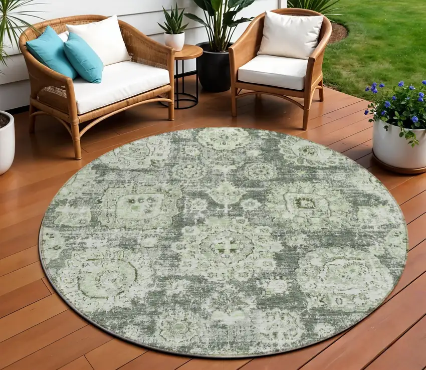 8' Artichoke Green And Olive Green Round Floral Washable Indoor Outdoor Area Rug Photo 1