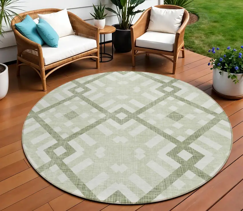 8' Artichoke Green And Olive Green Round Geometric Washable Indoor Outdoor Area Rug Photo 1