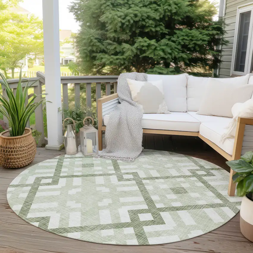 8' Artichoke Green And Olive Green Round Geometric Washable Indoor Outdoor Area Rug Photo 6