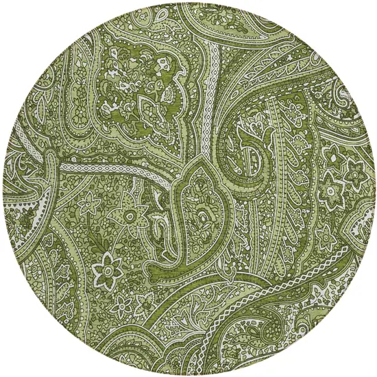 8' Artichoke Green And Olive Green Round Paisley Washable Indoor Outdoor Area Rug Photo 2