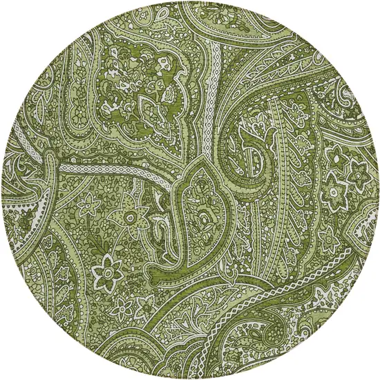 8' Artichoke Green And Olive Green Round Paisley Washable Indoor Outdoor Area Rug Photo 2
