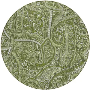Photo of 8' Artichoke Green And Olive Green Round Paisley Washable Indoor Outdoor Area Rug