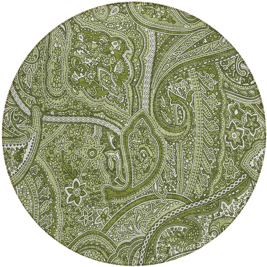 8' Artichoke Green And Olive Green Round Paisley Washable Indoor Outdoor Area Rug Photo 2