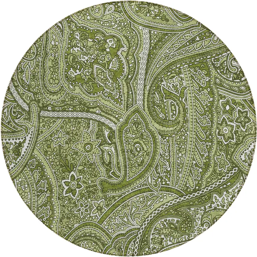 8' Artichoke Green And Olive Green Round Paisley Washable Indoor Outdoor Area Rug Photo 2