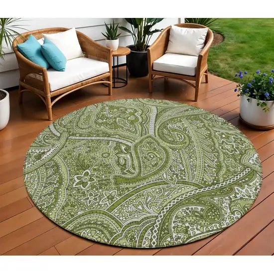 8' Artichoke Green And Olive Green Round Paisley Washable Indoor Outdoor Area Rug Photo 1