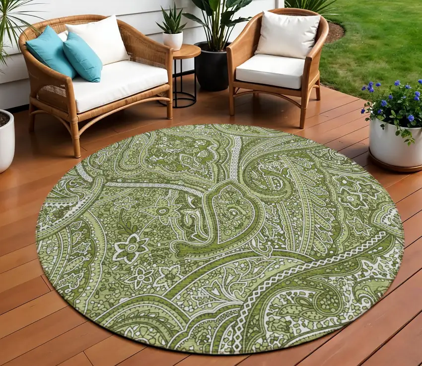 8' Artichoke Green And Olive Green Round Paisley Washable Indoor Outdoor Area Rug Photo 1
