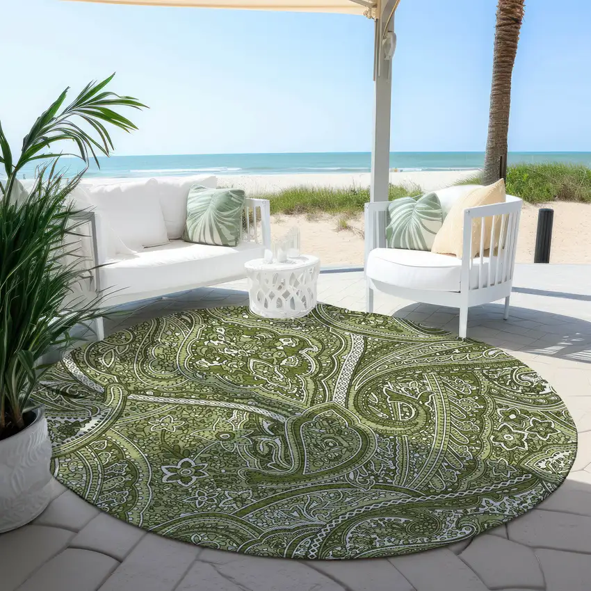8' Artichoke Green And Olive Green Round Paisley Washable Indoor Outdoor Area Rug Photo 5