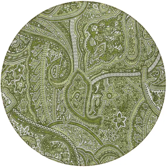 8' Artichoke Green And Olive Green Round Paisley Washable Indoor Outdoor Area Rug Photo 4