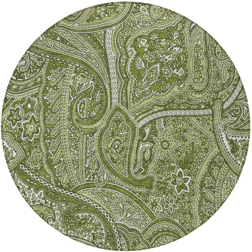 8' Artichoke Green And Olive Green Round Paisley Washable Indoor Outdoor Area Rug Photo 4