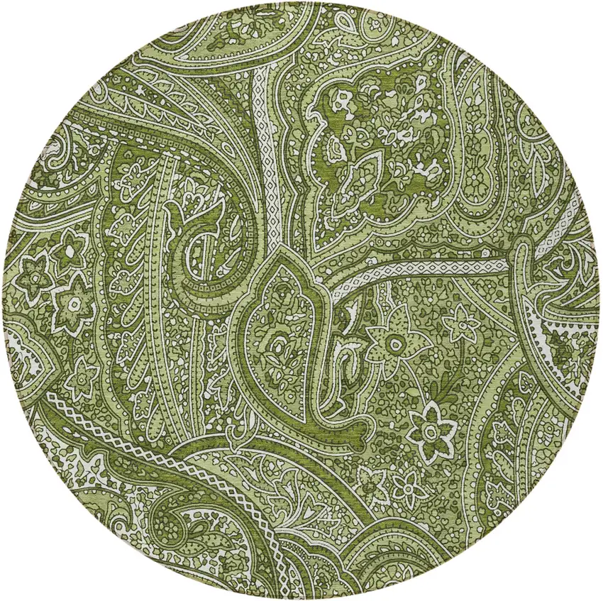 8' Artichoke Green And Olive Green Round Paisley Washable Indoor Outdoor Area Rug Photo 4