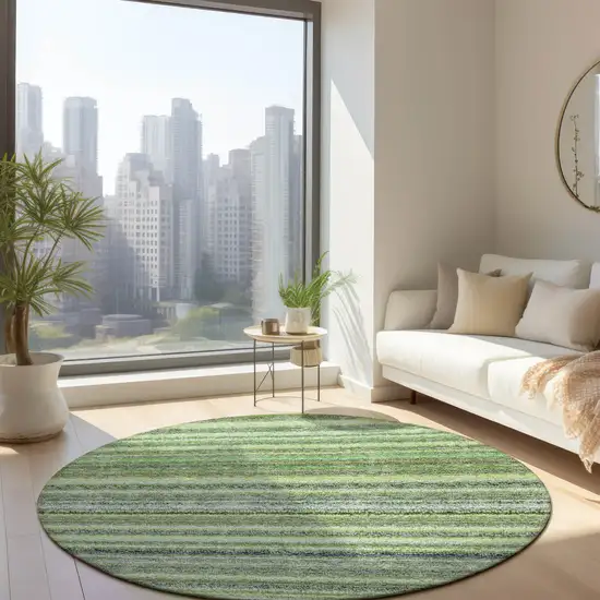8' Artichoke Green And Olive Green Round Striped Washable Indoor Outdoor Area Rug Photo 6