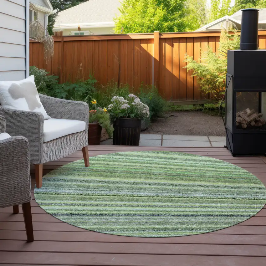 8' Artichoke Green And Olive Green Round Striped Washable Indoor Outdoor Area Rug Photo 5