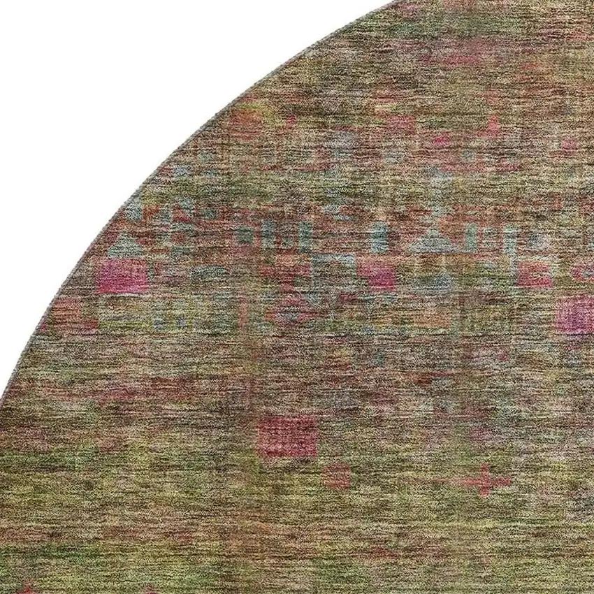8' Artichoke Green And Pink Abstract Washable Round Rug With UV Protection Photo 2