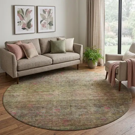 8' Artichoke Green And Pink Abstract Washable Round Rug With UV Protection Photo 1