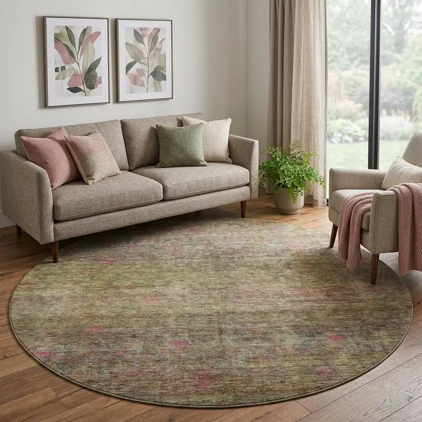8' Artichoke Green And Pink Abstract Washable Round Rug With UV Protection Photo 1