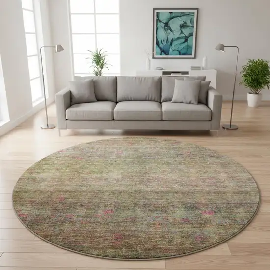 8' Artichoke Green And Pink Abstract Washable Round Rug With UV Protection Photo 2