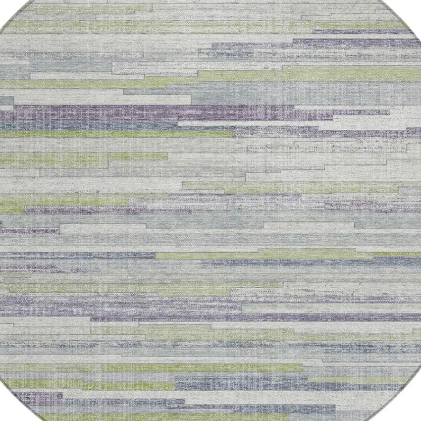 8' Artichoke Green And Plum Round Striped Washable Indoor Outdoor Area Rug Photo 8