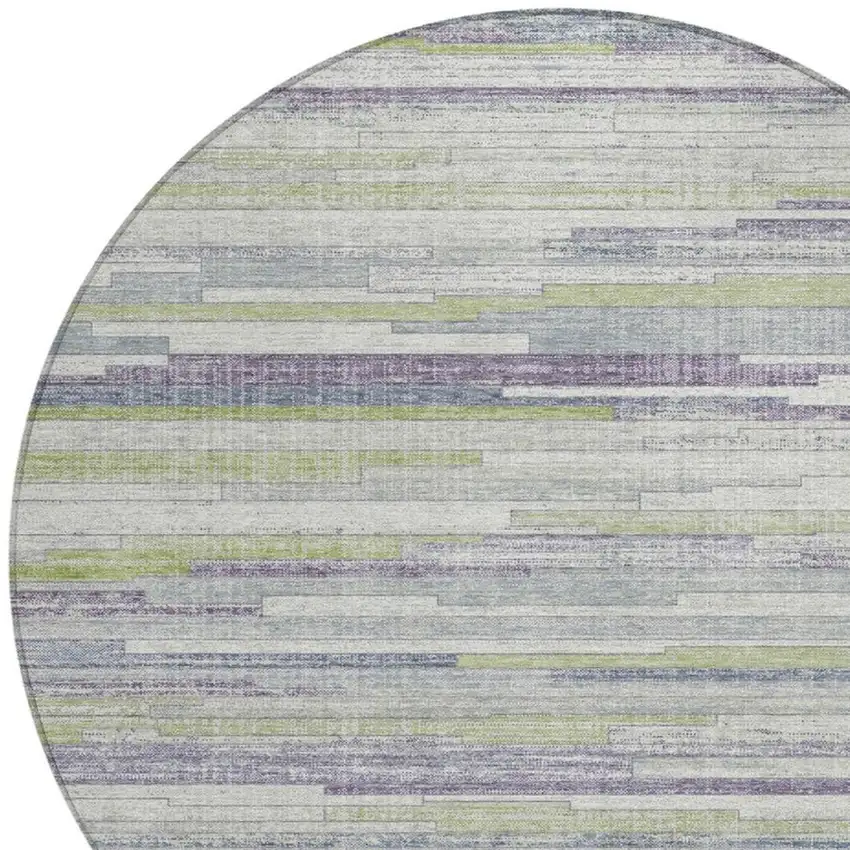8' Artichoke Green And Plum Round Striped Washable Indoor Outdoor Area Rug Photo 4