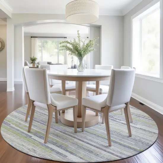 8' Artichoke Green And Plum Round Striped Washable Indoor Outdoor Area Rug Photo 6