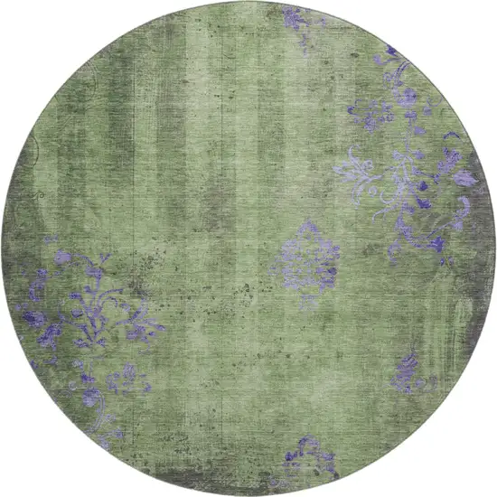 8' Artichoke Green And Purple Floral Washable Round Rug With UV Protection Photo 1