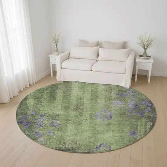 8' Artichoke Green And Purple Floral Washable Round Rug With UV Protection Photo 4
