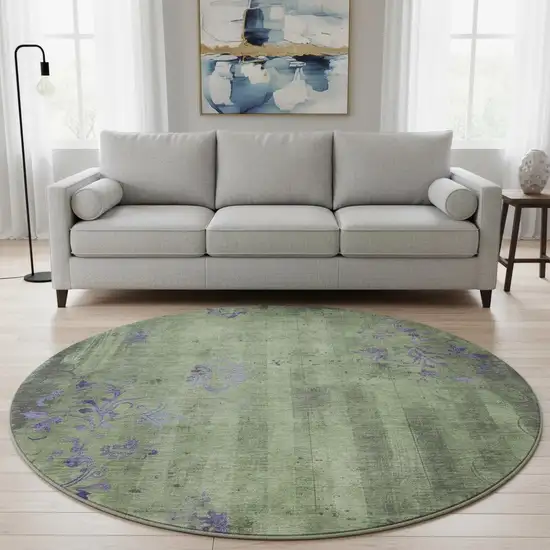 8' Artichoke Green And Purple Floral Washable Round Rug With UV Protection Photo 2