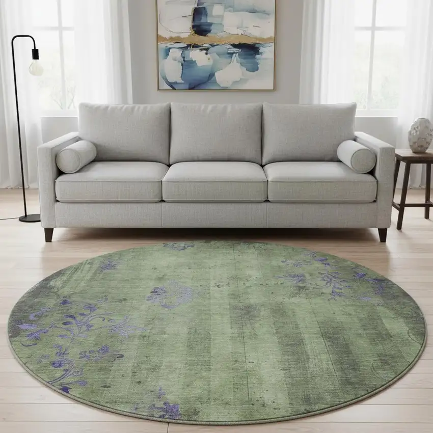 8' Artichoke Green And Purple Floral Washable Round Rug With UV Protection Photo 2