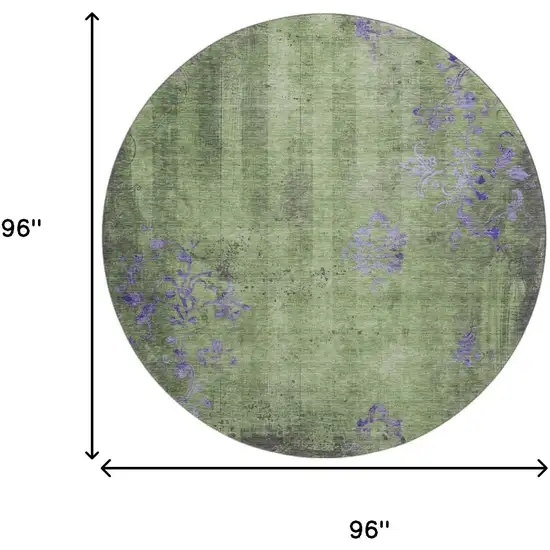 8' Artichoke Green And Purple Floral Washable Round Rug With UV Protection Photo 9