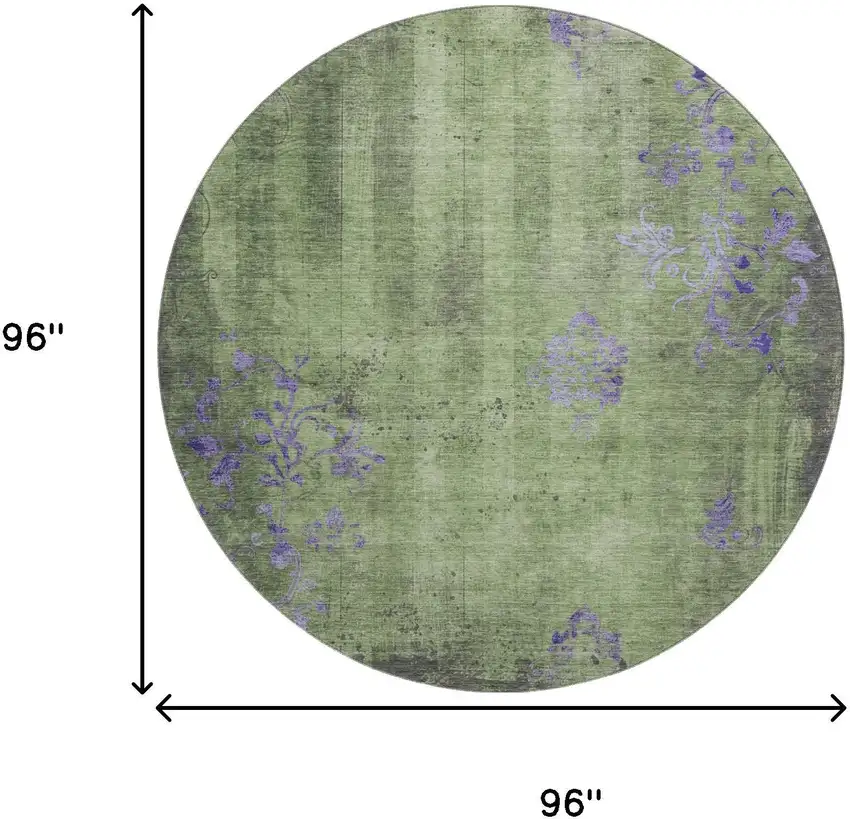 8' Artichoke Green And Purple Floral Washable Round Rug With UV Protection Photo 9