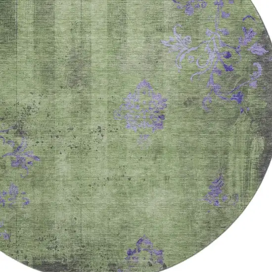 8' Artichoke Green And Purple Floral Washable Round Rug With UV Protection Photo 2
