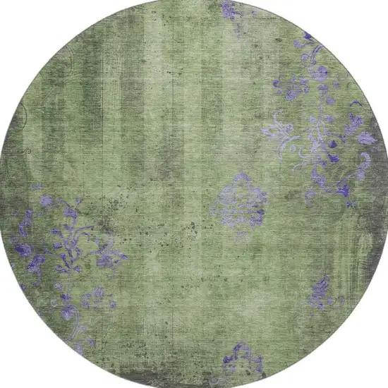 8' Artichoke Green And Purple Floral Washable Round Rug With UV Protection Photo 3