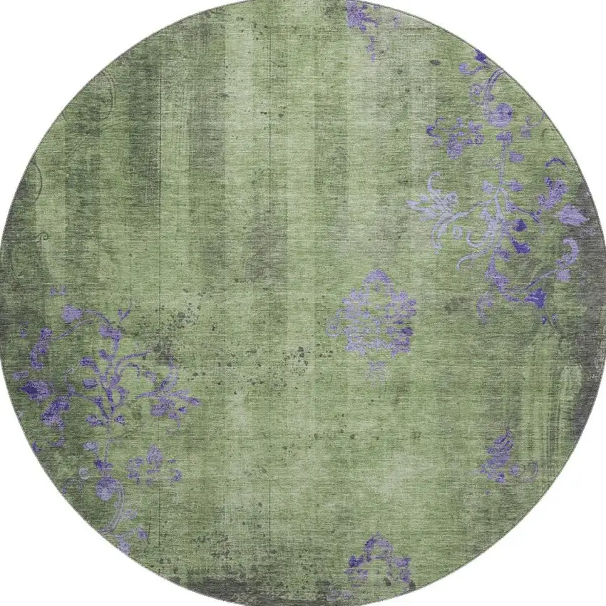 8' Artichoke Green And Purple Floral Washable Round Rug With UV Protection Photo 3